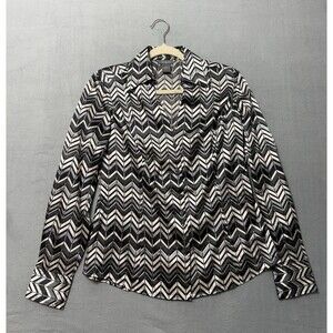 Ann Taylor 100% silk Long Sleeve Button Down Top/blouse black white silver Sz 6